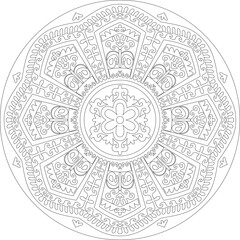 Vector Uzbek black outline round ornament. Turkic circle, ring. Cultural heritage of Central Asia