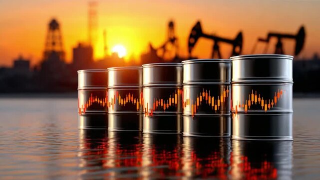 Oil Barrels with Silhouette of the Oil Rig: The scene portrays a row of shiny oil barrels reflecting the golden sunset. They stand as a symbol of the energy industry and economic growth.
