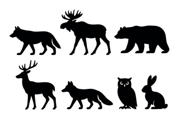 Naklejka premium Silhouette set of forest animals: wolf, moose, bear, deer, fox, owl, rabbit