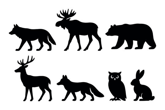 Silhouette set of forest animals: wolf, moose, bear, deer, fox, owl, rabbit