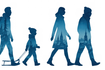 Family walking in winter city and forest, double exposure silhouette design on transparent background