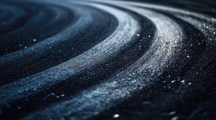 Close-up view of dark car tire drift skid marks curving across asphalt road track, showing speed, control, and precision driving technique