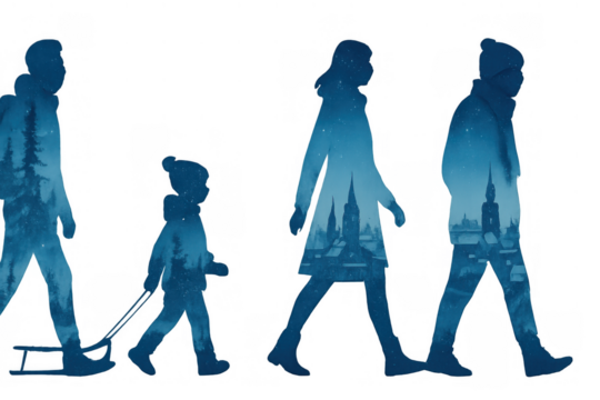 Family walking in winter city and forest, double exposure silhouette design on transparent background