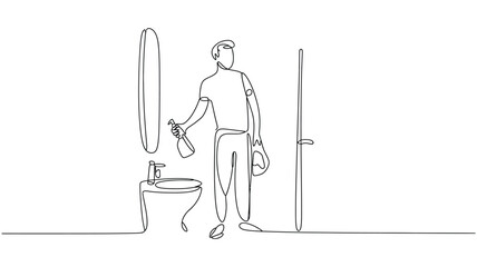 Obraz premium Continuous Line Drawing Bathroom Cleaning Icon — Minimalist Man Disinfects Toilet, Hygiene Concept