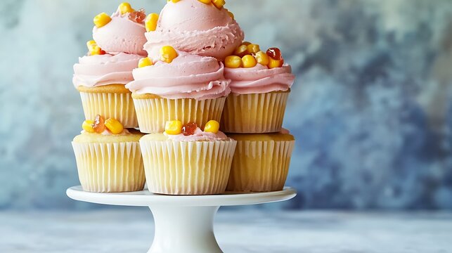 Delightful tower of cupcakes with pink frosting and corn topping, perfect for dessert menus and sweet treat promotions, evokes joy and celebration
