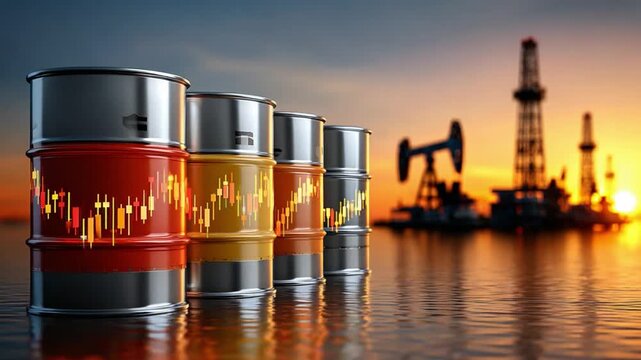 Oil Barrels at Sunset: A row of vibrant oil barrels stands in stark contrast against the backdrop of an offshore oil rig silhouetted at sunset, with light reflection. Representing the energy sector.