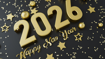 Elegant New Year 2026 background with golden numbers, stars, confetti on dark backdrop. Perfect for holiday greetings, posters, and seasonal advertising. 3d rendering illustration not AI