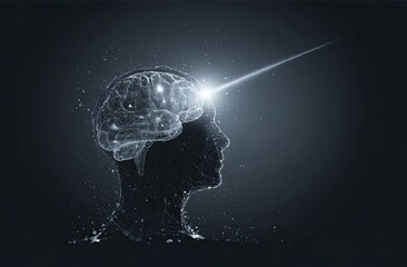 Wireframe head profile with visible brain, bright light beam radiating from forehead