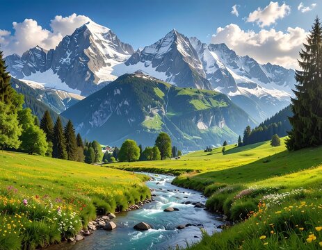 Scenic landscape showing snow-capped peaks above rolling green hills, a clear river flows toward the foreground with scattered wildflowers