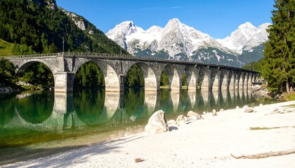 Scenic shot of a bridge over calm water, backed by snow-capped mountains under a clear sky, with a sandy beach