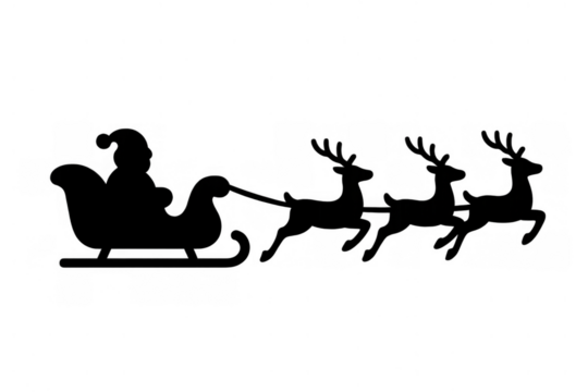 Santa claus riding sleigh with reindeers flying, christmas holiday season creating festive winter feeling