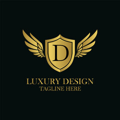 Elegant golden logo design with letter d, shield and wings for brand identity and luxury business