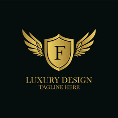 Elegant golden logo design with letter f, shield and wings for brand identity and luxury design concept