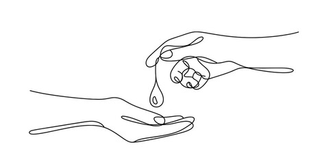 Continuous line drawing of two hands, one pouring a liquid drop into the other's cupped palm, symbolizing care, hygiene, giving, and receiving on a clean background.