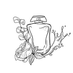 Elegant Perfume Vector Illustration for Women's Day. Hand drawn outline bottle with floral bouquet and water elements. Black white drawing for feminine greetings and gift packaging.