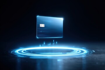 digital banking AI personalization. Digital credit card glowing in a dark space with a futuristic design.