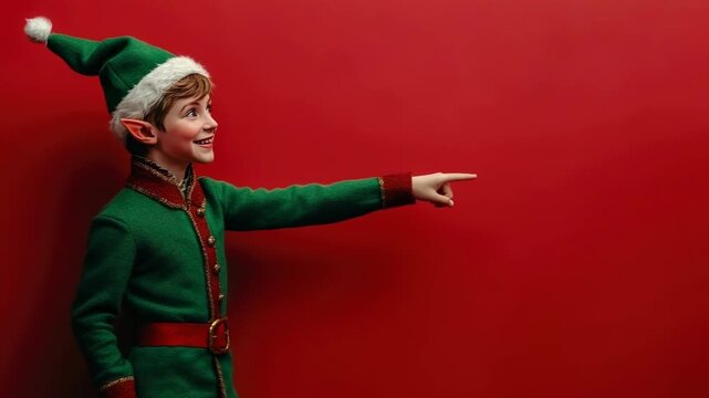 Elf character pointing sideways at empty space for text bright studio background festive christmas concept playful cheerful holiday stock photo composition