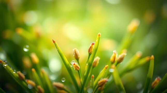 Closeup of vibrant green pine needles covered in glistening water droplets, illuminated by soft, natural light