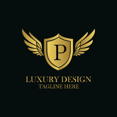 Elegant golden logo design featuring letter p, shield, and wings for luxury brand identity and heraldry