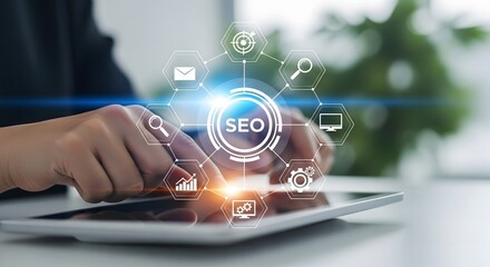 SEO Strategy Concept with Digital Icons and Tablet Interaction