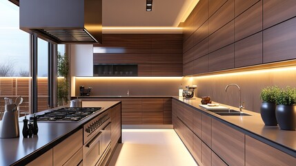 Contemporary kitchen interior with a polished metal hood above stove, surrounded by modern furniture and warm lighting
