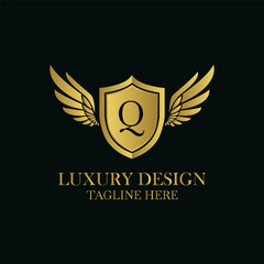 Elegant golden logo design featuring letter q, shield, and wings for luxury brand identity and heraldry