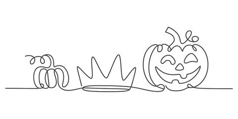 Continuous line art drawing of a small pumpkin, a crown, and a cheerful jack-o'-lantern, embodying halloween spirit and autumn festivities with a minimalist design.