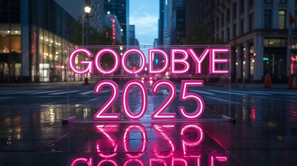 Pink neon sign goodbye 2025 on wet city street at night