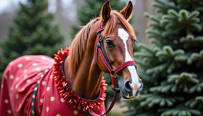 Festively decorated horse in snowy forest with wreath and saddle, serene winter celebration