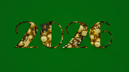 Minimalist New Year 2026 concept with golden holiday decorations inside cutout numbers on green background. Elegant festive design for greetings, seasonal projects. 3d rendering illustration not AI