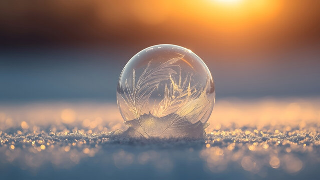 Macro photograph of delicate frozen soap bubble with ice crystals at sunrise