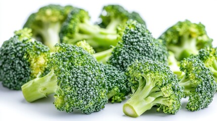 Crisp and fresh broccoli floret close-up on white background, highlighting texture and color for clean food and nutrition themes