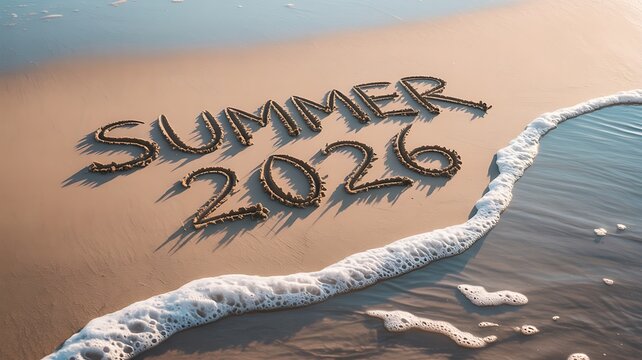 Summer 2026 written in sand on a beach with ocean waves