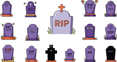 Cartoon gravestone RIP icon set, purple orange tombstone grid with cross and stars, Halloween cad drawing vector illustration