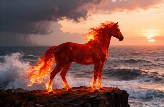 Fiery horse stands majestically on a cliff overlooking the ocean at sunset