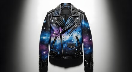 Black Leather Biker Jacket with Galaxy Print and Studs