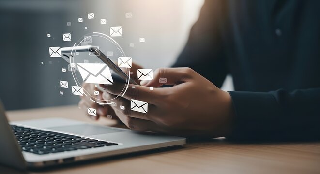 Person Using Smartphone with Email Icons Floating Around