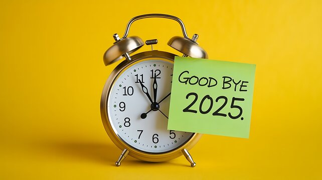 Alarm clock with a sticky note saying goodbye 2025