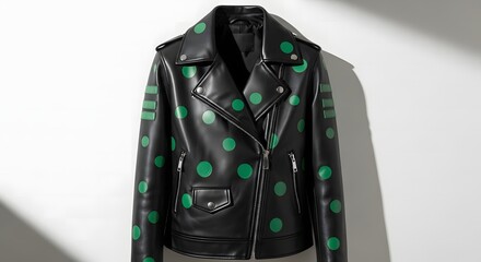 Black leather motorcycle jacket with green polka dots and stripes