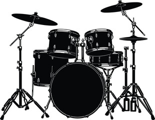 Drum, Kit, Music, Percussion, Instrument, Vector, Silhouette, Black, White, Outline, Icon, Graphic, Design, Illustration, Sound