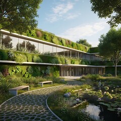 Eco-Friendly Building with Green Walls and Sustainable Design Integration.