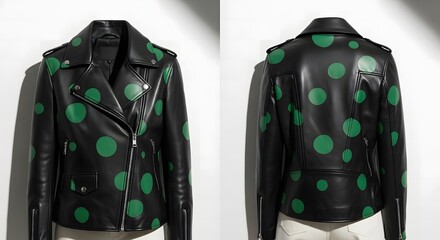 Black leather motorcycle jacket with green polka dots front and back