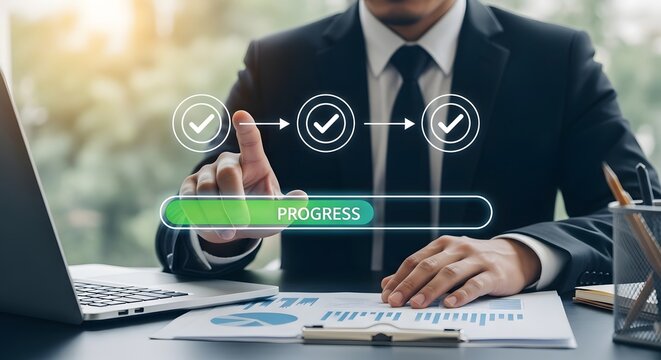 Businessman touching progress bar with checkmarks and arrows - Powered by Adobe