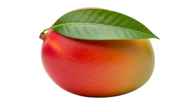 Fresh ripe mango with green leaf isolated on transparent background, close up - Powered by Adobe