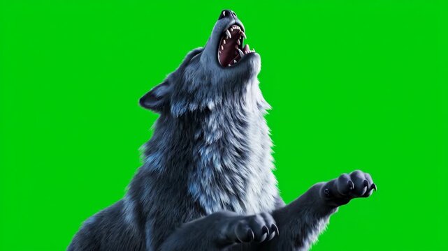 A majestic wolf with open mouth howling against a vibrant green background.