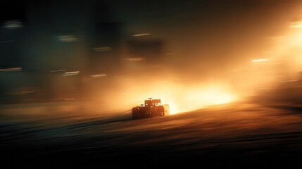 Fototapeta premium Formula 1 car racing through fire and smoke under stadium lights. Concept of intense motorsport scene, dynamic speed, and extreme track environment.