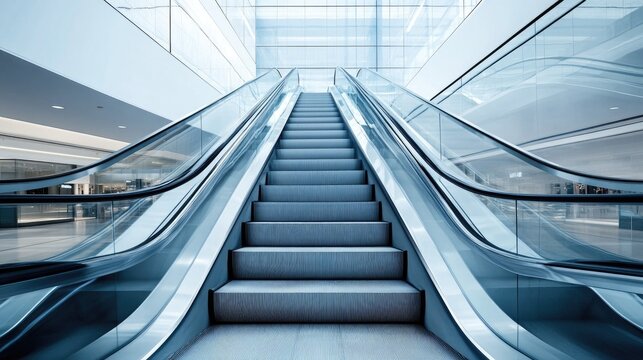 Detailed view of escalator handrails and steps in a contemporary shopping mall, emphasizing motion and modern design