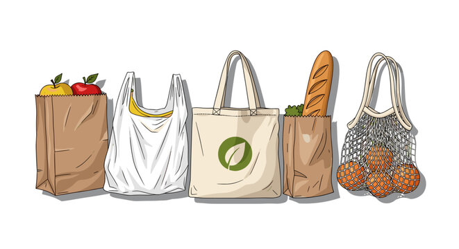 An illustration of various grocery bags, including paper, plastic, a reusable canvas tote, and a string net bag filled with food.