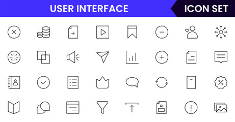 User Interface UI, UX web icons in line style. User, profile, message, mobile app, document file, social media, button, home, chat, arrow, collection. Vector illustration.