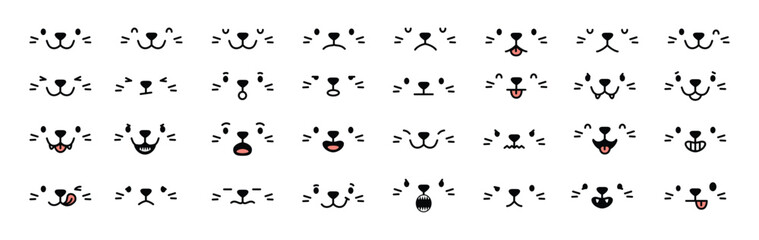 Cat face. Doodle kitty emotions. Outline hand drawn feline faces with various expressions. Muzzle with nose, eyes, mouth, teeth, tongue. Kawaii kitten faces. Vector set
